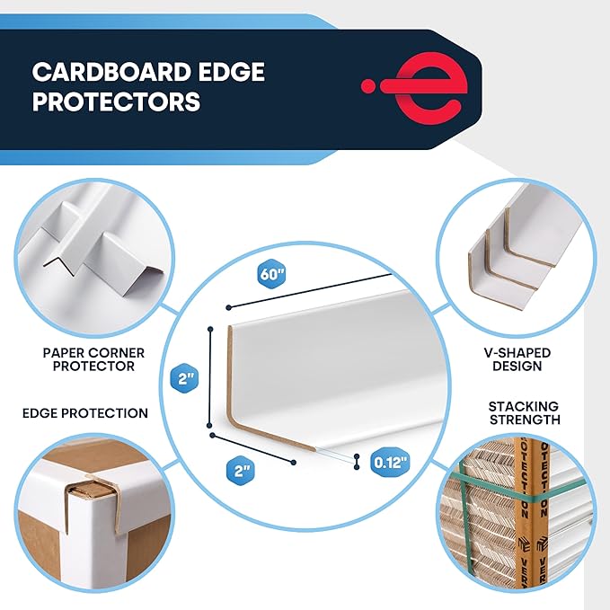 ESK Packaging® Cardboard Edge Protectors for Shipping - 2"W x 2"D x 60"L, Light Duty .120 ga, Pallet Corner Protectors, Angle Boards, White, 50/Pack