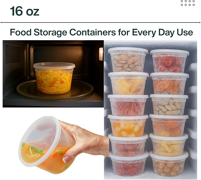 16oz [60 set] Heavy Duty Plastic Deli Container | BPA-Free Food Storage with Airtight Leak‑Proof Lids | Microwave, Freezer & Dishwasher Safe – Stackable, Bulk Reusable Soup & Meal Prep Tub