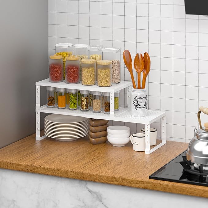 Flat Top Storage Rack - Expandable Countertop Space Saver, Heavy-Duty Steel Construction, Powder Coated Finish for Kitchens, Bathrooms, Workshops or Offices