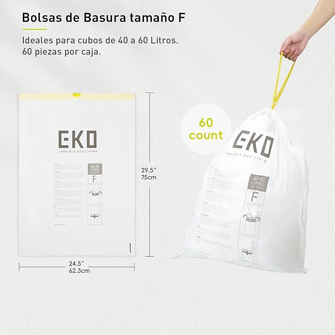 EKO 13 Gallon / 40-60 Liter, 60 Count Drawstring Trash Bags, Extra-Strong Unscented Garbage Bags, Easy-Dispense Roll for Kitchen & Household Use, Leak-Resistant, Code F, White