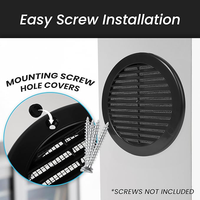Repa Market 4 Inch (Opening) Black Round Air Vent Cover - Pack of 5 Plastic Fresh Air Intake Vent - AC Cover with Nylon Mesh Screen - Wall, Ceiling HVAC Return Air Register - Modern Soffit Vents