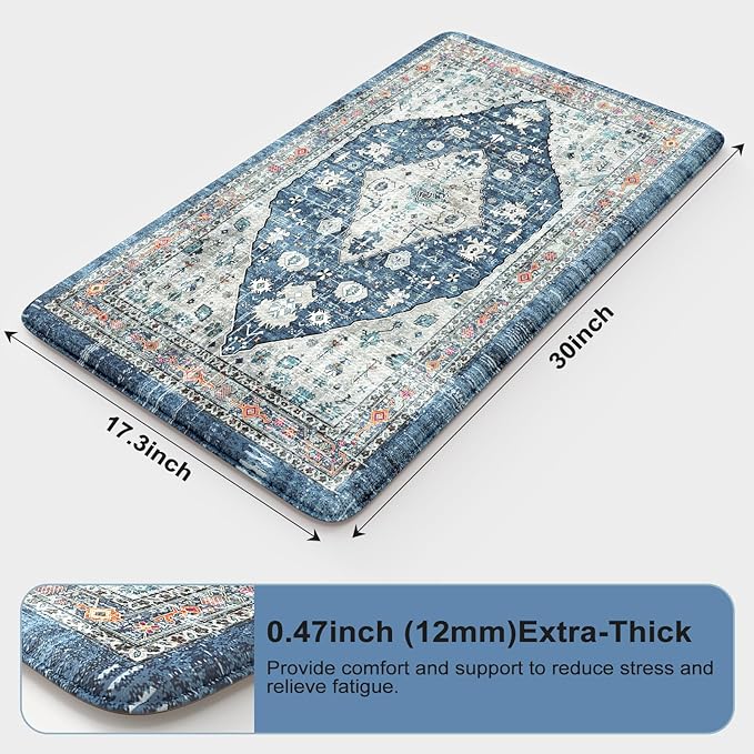 Collive Cushioned Anti-Fatigue Mats, Boho Non-Slip Waterproof Kitchen Floor Mat, Comfortable Standing Carpet for Sink, Laundry, Office, Work, 17.3''x30'' Dark Blue
