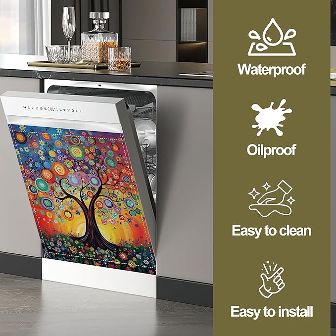 Magnetic Dishwasher Cover,Tree of Life Reusable Dishwasher Magnetic Cover Flowers Decorative Door Covers Panel for Home Kitcen 23" x 26"
