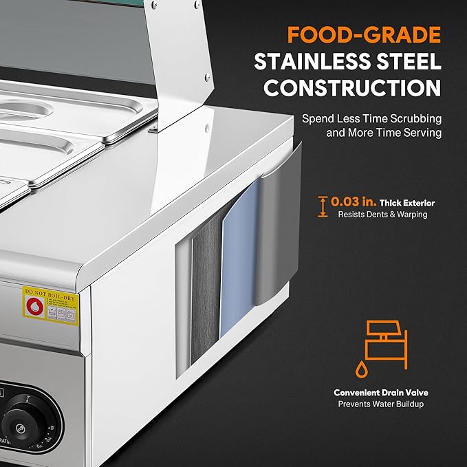 WILPREP 6-Pan Commercial Food Warmer with Sneeze Guard, Six 1/2 Pans, 1500W Countertop Electric Warmer, 86-185°F Adjustable Temp Control, Stainless Steel Buffet Bain Marie