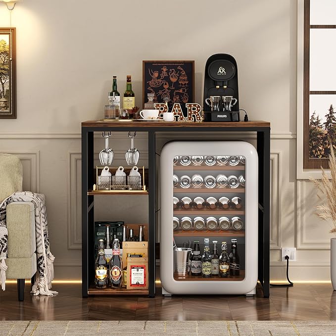 Homieasy Mini Fridge Cabinet Stand with Power Outlet, Coffee Bar Cabinet with Mini Fridge Space, Bar Stand with Microwave Shelf with Wine Rack for Kitchen, Dorm, Rustic Brown