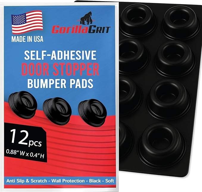 Small Black Door Knob Bumpers (Set of 12) - Made in USA - Self-Adhesive Door Handle Stoppers Wall Protectors, Isolation Rubber Feet for Speakers, Electronics, Furniture