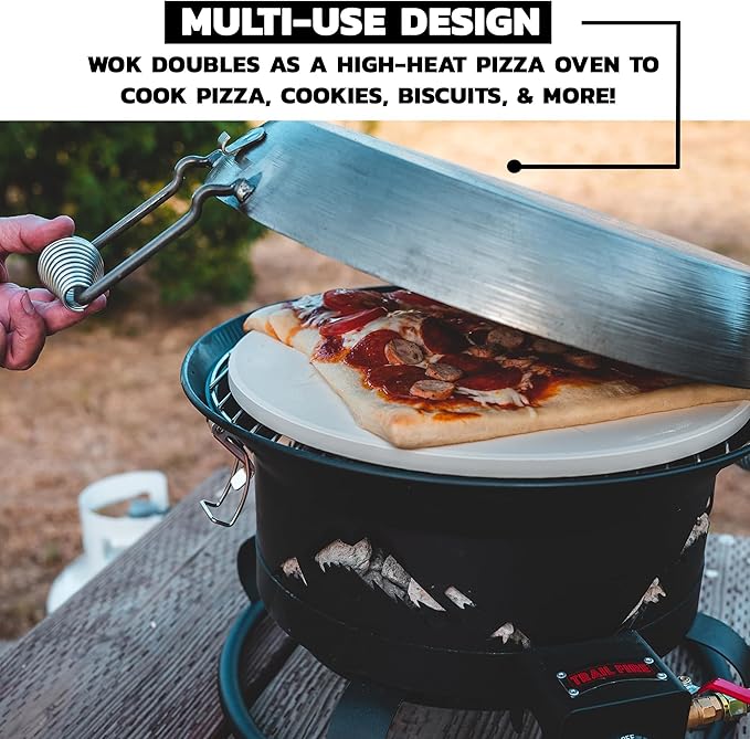 Trail Fire 4-in-1 Grill Portable BBQ with Grill, Wok, Pizza Oven, and Portable Fire Pit (Pizza Stone & Carry Bag Included) - 16" Grilling Surface