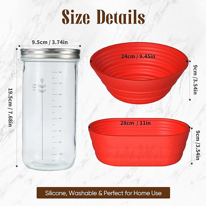 Sourdough Starter Kit with Jar – Complete Sourdough Bread Baking Supplies for Beginners, Includes 2 Silicone Proofing Baskets Baking Mat Sour Dough Kit - Red