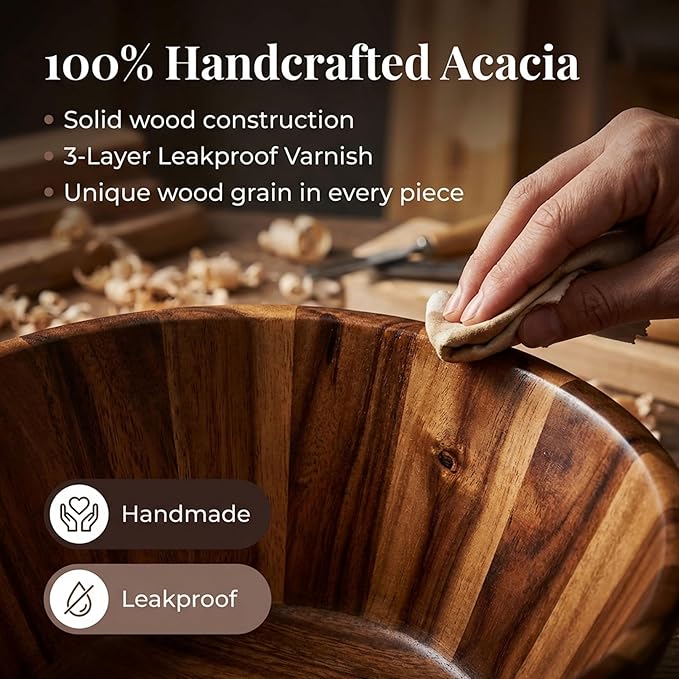 Night Tree Large wooden salad bowl with serving forks mixing, wood salad bowl set for food or fruits, magnetic utensils fit for 6–8 servings, ideal to family meals or as a unique gift