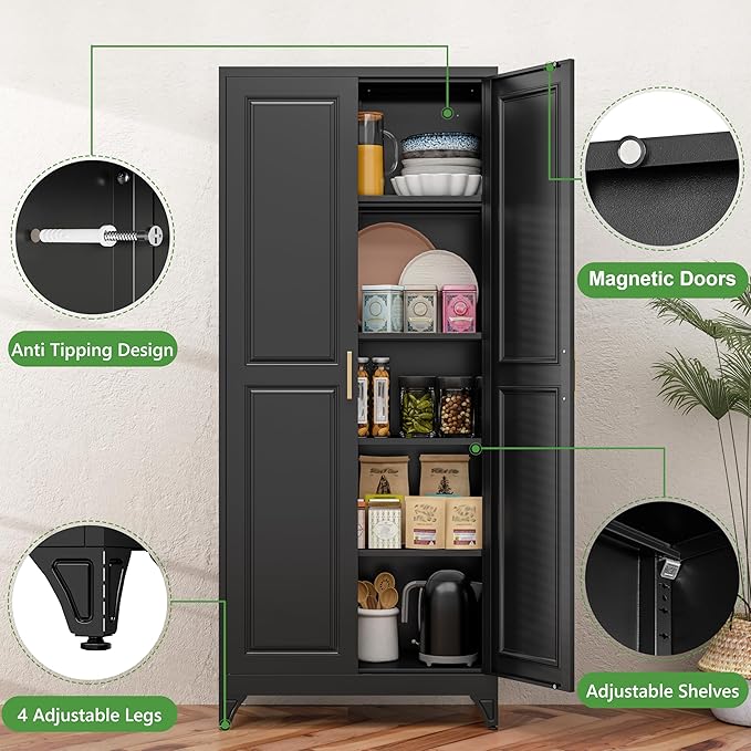 75” Tall Kitchen Pantry Cabinet,Metal Storage Cabinet with Doors and Adjustable Shelves,Modern Kitchen Hutch Cabinets,Freestanding Cupboard for Dining Living Room