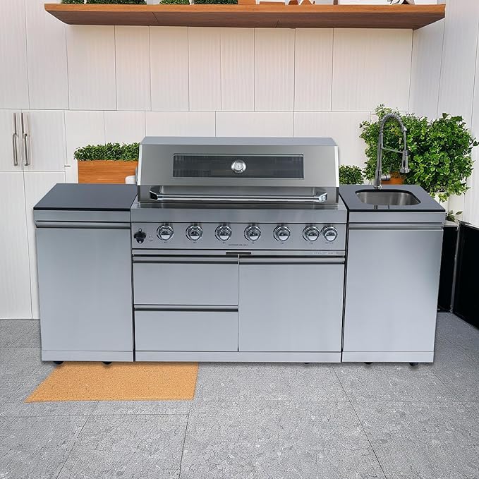 82 Inches 6 Burner Propane Gas Grill Outdoor Kitchen Island, 85,000 BTU Deluxe Stainless Steel Modular Outdoor Kitchen, Sink, Storage Cabinets & Drawers, BBQ Island for Patio Backyard