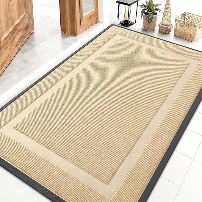 OLANLY Front Door Mat Indoor Outdoor Entrance, Waterproof All-Season, All-Weather Doormat, Sturdy Natural Rubber, Fade Resistant, Low Profile, Easy Clean Patio Porch Entryway Mat, 71x47, Beige