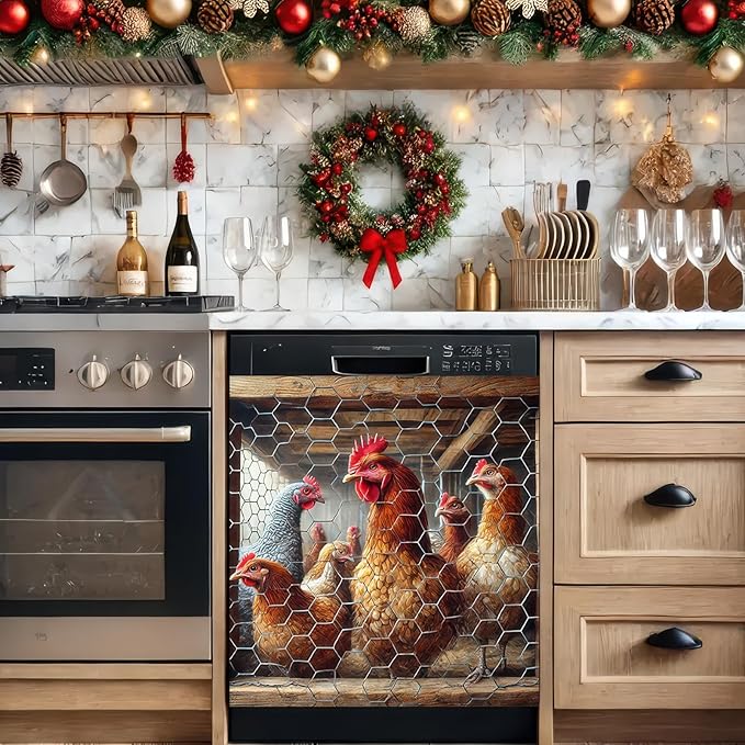 Magnetic Farm Chicken Dishwasher Cover 23x26 Inch Kitchen Decor Rooster Dishwasher Sticker Magnet Cover Chicken Mother Fridge Magnetic Country Farmhouse Window Fridge Door Cover