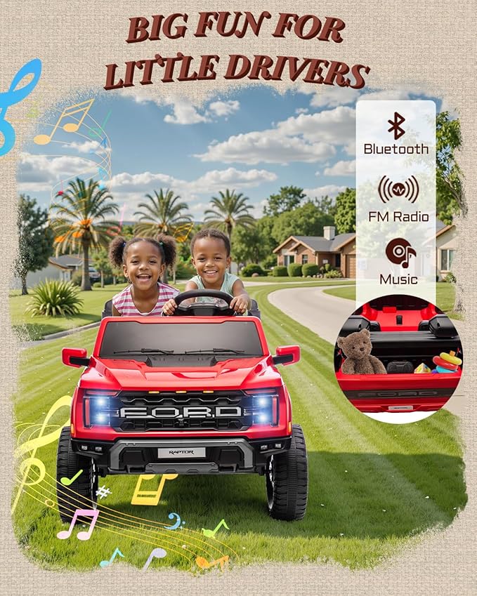 First Ride On 24V 2 Seater Ride on Toys for Kids, Licensed Ford F-150 Raptor Kids Electric Vehicles w/Remote Control, Power Pedal and Durable Wheels, LED Lights, Bluetooth, Truck Bed Storage (Red)