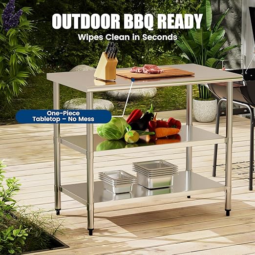 Stainless Steel Work Table 24 x 48 Inch with 2 Adjustable Undershelves, Heavy-Duty Metal Prep Table for Commercial Kitchen & Restaurant, Garage, Outdoor