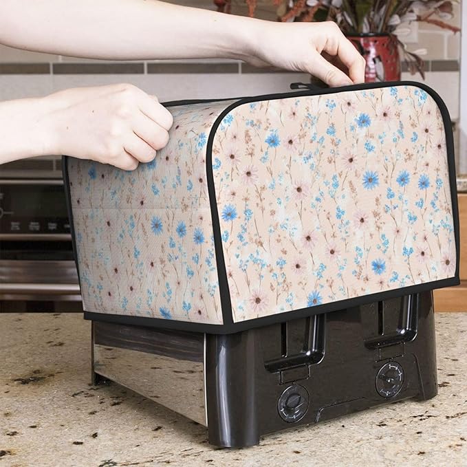 4 Slice Toaster Cover for Kitchen Wildflower Pattern Pastel Botanical Waterproof Dustproof Toaster Dust Cover with Side Pockets Decorative Universal Cover for Wide Slot Toasters Small Appliances