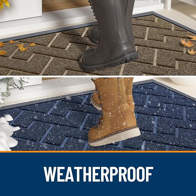 OLANLY Front Door Mat Indoor Outdoor Entrance, Waterproof All-Season, All-Weather Doormat, Sturdy Natural Rubber, Low Profile, Easy Clean Patio Porch Entryway Mat, Herringbone Brick (Brown, 59x23)
