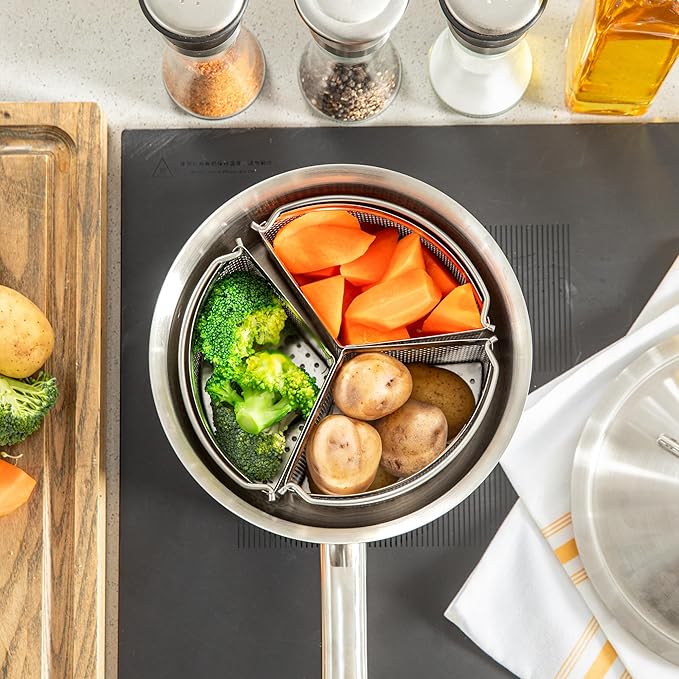 Restaurantware Steamer Basket for Cooking Pot 3-Piece Stainless Steel Trio Separator Perforated Steam Basket Divider for Cooking Veggies, Dumplings, Eggs, Seafood, Pasta, Pressure Cooker
