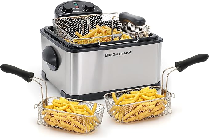 Elite Gourmet EDF-401TXB Electric 4.5 Qt. / 17 Cup Immersion Deep Fryer 3-Baskets, 1700-Watt, Timer Control, Adjustable Temperature, Lid with Viewing Window and Odor Free Filter