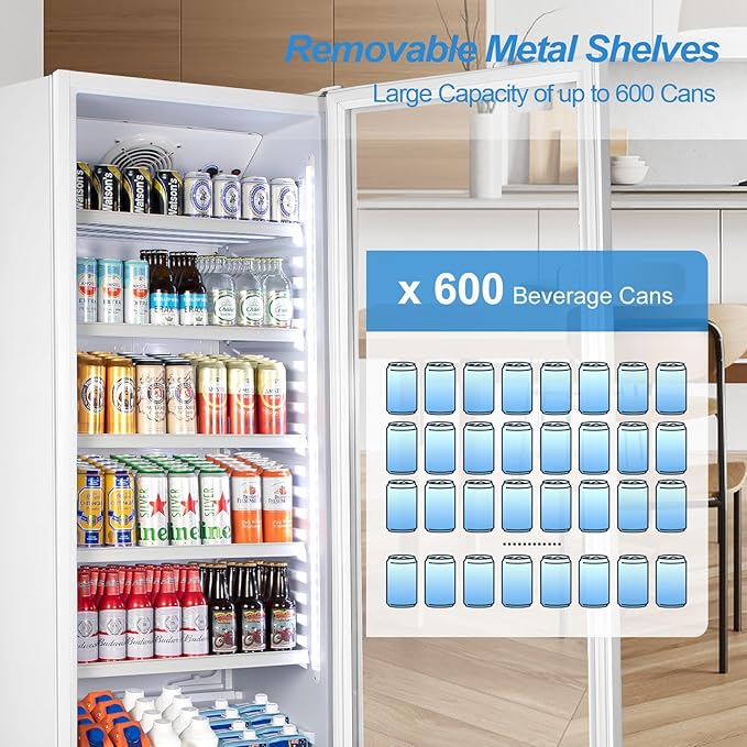 Tylza Commercial Refrigerator with Glass Door Display Beverage Fridge, 360L Upright Beverage Cooler Merchandiser with Rebound Door, Fast Cooling, Low Noise, White