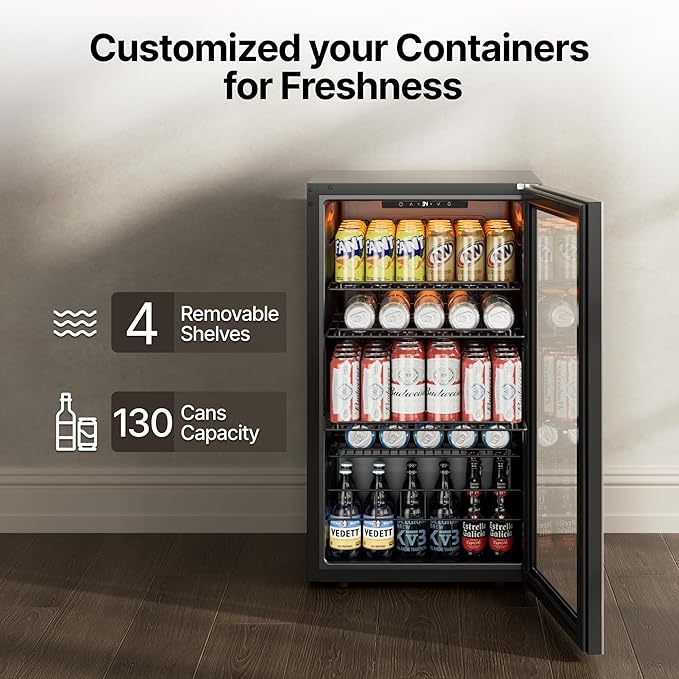 Ca'Lefort 130 Cans Beverage Cooler Mini Fridge, Beverage Refrigerator with Reversible Glass Door, Adjustable Shelves for Soda, Beer & Wine, Digital Temperature Control for Home, Office, Bar or Dorm