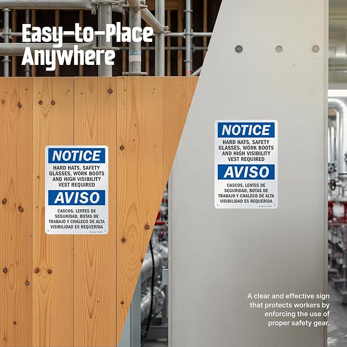 SmartSign - S-5992-AL-14 Notice - Hard Hats, Glasses, Boots, Vest Required Bilingual Sign By | 10" x 14" Aluminum