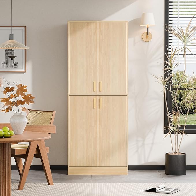 Cozy Castle Kitchen Pantry Cabinet, 71" Tall Wood Storage Cabinet with Doors and Shelves 4 Doors Freestanding Cupboard for Dining Room Living Room Bathroom Furniture, Oak