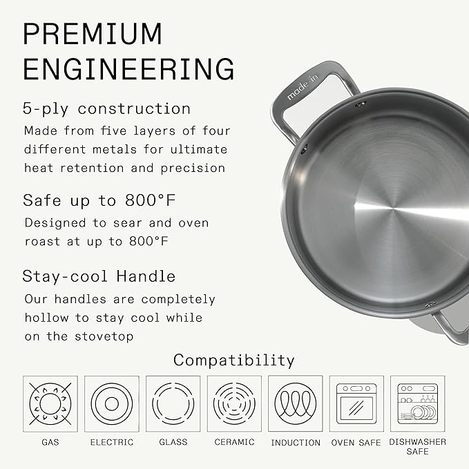 Made In Cookware - 8 Quart Stainless Steel Stock Pot With Lid - 5 Ply Stainless Clad - Professional Cookware - Crafted in Italy - Induction Compatible