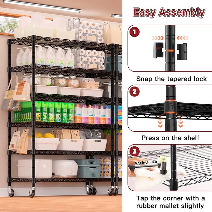 PrimeZone 6 Tier Wire Shelving with Wheels 79''H 1500lbs Storage Shelves NSF Certified Heavy Duty Steel Metal Shelf Adjustable Rolling Rack Kitchen Garage Closet Pantry Laundry 79''HX36''WX16''D 4Pcs