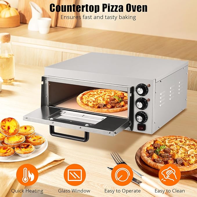 Electric Pizza Oven 14 inch Countertop Pizza Maker with Pizza Stone and Handle, Visual Viewing Window, Timer & Temp Control, Stainless Steel Pizza Cooker for Home Kitchen & Commercial