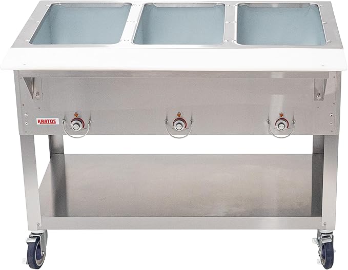 Kratos Commercial Mobile Electric Steam Table/Hot Food Table, 3 Wells, Stainless Steel, NSF 120V (28W-197)