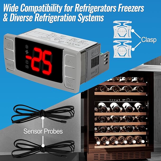 32-bit Enhanced XR02CX-4AAFBL Temperature Controller, Replaces Dixell XR02CX for 110-125V 50-60Hz Commercial Fridges/Freezers, Programmable Digital Thermostat, Voltage Protection & Reset, Red Screen