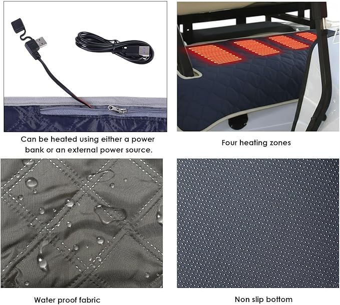 Diydeg Heated Golf Cart Seat Cover, USB Type C Water Proof Non Slip Golf Cart Seat Warmer Towel Blanket, Winter Golf Carts Heater with 4 Zone Heating for 2 Person Seats Cart