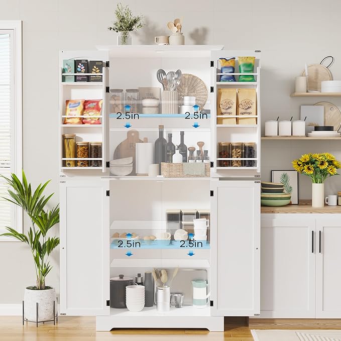 MHOM 71" Tall Pantry Cabinet, Farmhouse Kitchen Storage Cabinet with 6 Hanging Shelves and Adjustable Shelves, Freestanding Cupboard for Kitchen & Dining Room, White
