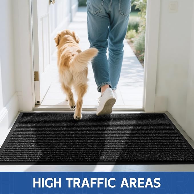 Front Door Mat, 4' x 2' Heavy Duty Indoor Outdoor Door Mat Entrance, Commercial Welcome Mats, Stain and Fade Resistant, Durable Rubber Backing, Low Profile Entry Mat for Patio, Black Stripe