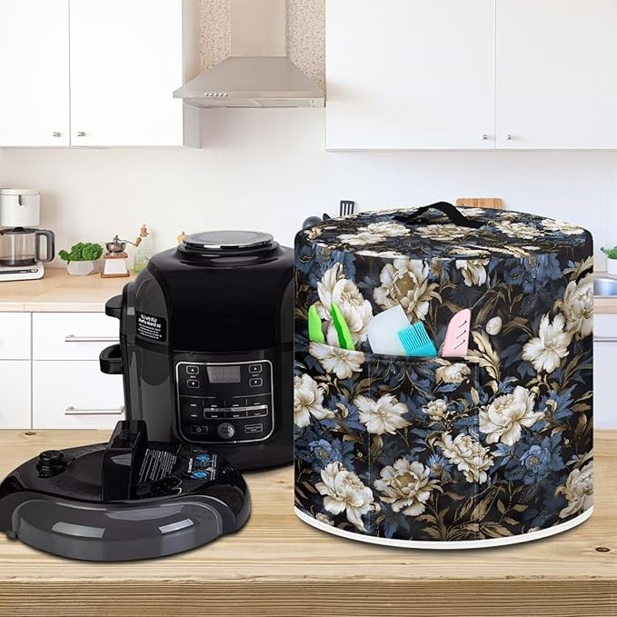 Flashideas Floral Print Pressure Cooker Cover for 8 Quart Instant Pot and Air Fryer Accessories, Stain Resistant Washable Round Protective Cover Electric Appliance Cover with Front Pocket