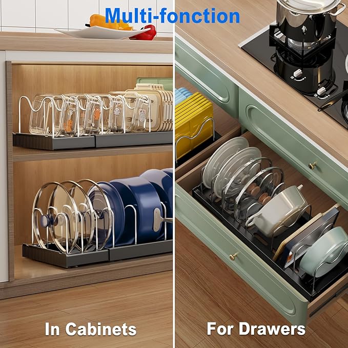 2 Pack Pots and Pans Organizer Under Cabinet, 22" Expandable Food Storage Container Lid Organizers with 9 Adjustable Dividers Pot and Pan Lid Holders Rack Inside Cabinet/Countertop(Black)