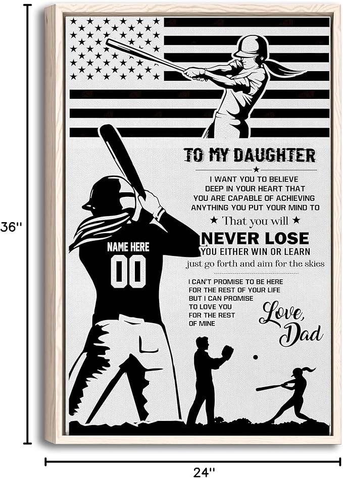 Custom Softball To My Daughter From Dad Sports Motivational Gift Personalized Name Number Poster & Framed Canvas, Wall Art Home Office Decoration Living Room Bedroom Aesthetic Decor