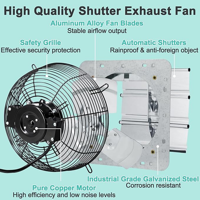 12 Inch Shutter Exhaust Fan with Thermostat and Speed Controller, Wall Mounted Vent Fan for Attic, Greenhouse, Shed, Garage, Chicken Coop, Shop Ventilation, 960 CFM, 1400 SQF Coverage Area