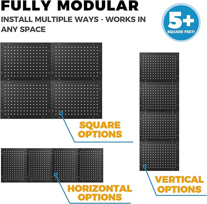 Heavy Duty 4-Panel Pegboard Wall Organizer & 32 Peg Hooks - Four Black Metal Peg Board Panels for Shops or Warehouse - Garage Tool & Walls Organizer - Modular Complete Kit With Installation Hardware