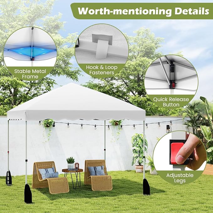 Tangkula 10x10 FT Pop Up Canopy, UPF50+ Easy Set up Instant Tent with Wheeled Bag, 8 Stakes, 4 Anchors, 4 Wind Ropes, 4 Sandbags, Heavy Duty Outdoor Canopy Tent 10x10 for Patio Party Backyard (White)
