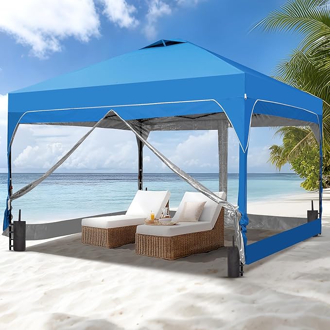 Saemoza 12x12 Pop Up Canopy Tent with One Push Setup, Outdoor Sun Shade Canopy for Backyard Party, Easy Up Instant Shelter with 4 PVC Transparent Sidewalls, 4-Sandbags & Wheel Bag, Blue.