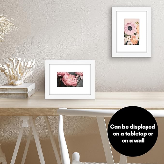 Americanflat 6x8 Picture Frame with Shatter-Resistant Glass - Use as 3x5 Frame with Mat or Display 6x8 Photo Without Mat - Signature Collection - Picture Frames for Tabletop and Wall Display - White
