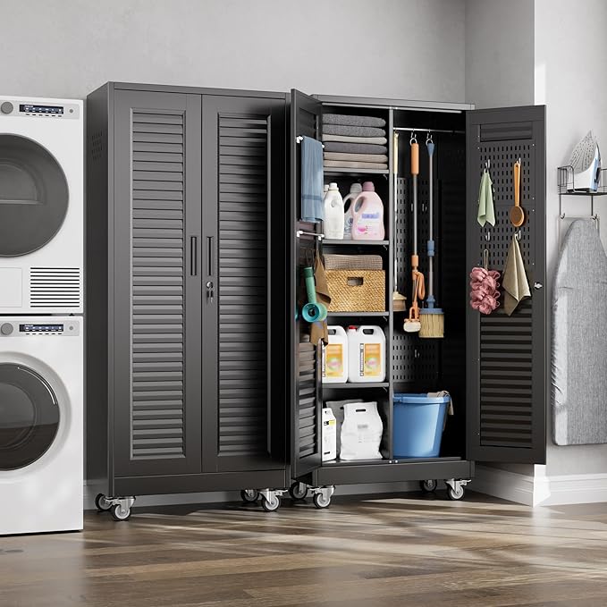 Aobabo Broom Closet Storage Cabinet,Lockable Garage Storage Cabinet with 4 Adjuatable Shelves,Required Assembly,Black,70.87''H*31.5''W*15.75''D