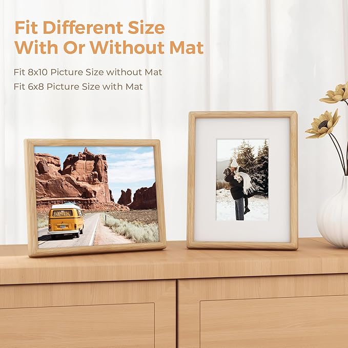Axeman 8x10 Oak Frame - Rounded Corner 8 x 10 Picture Frame Matted to 5x7 - Natural Oak Wood 8 by 10 Photo Frame with Tempered Glass for Tabletop or Wall Mount Display