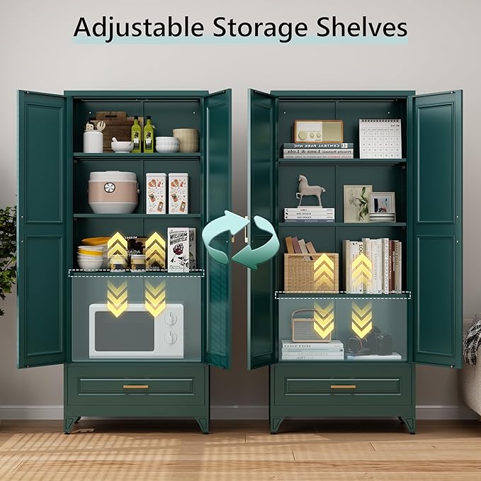 75” Kitchen Pantry Storage Cabinet,Metal Tall Storage Cabinet with Drawers and Adjustable Shelves,Modern Kitchen Hutch Cabinets,Freestanding Cupboard for Living Room,Green