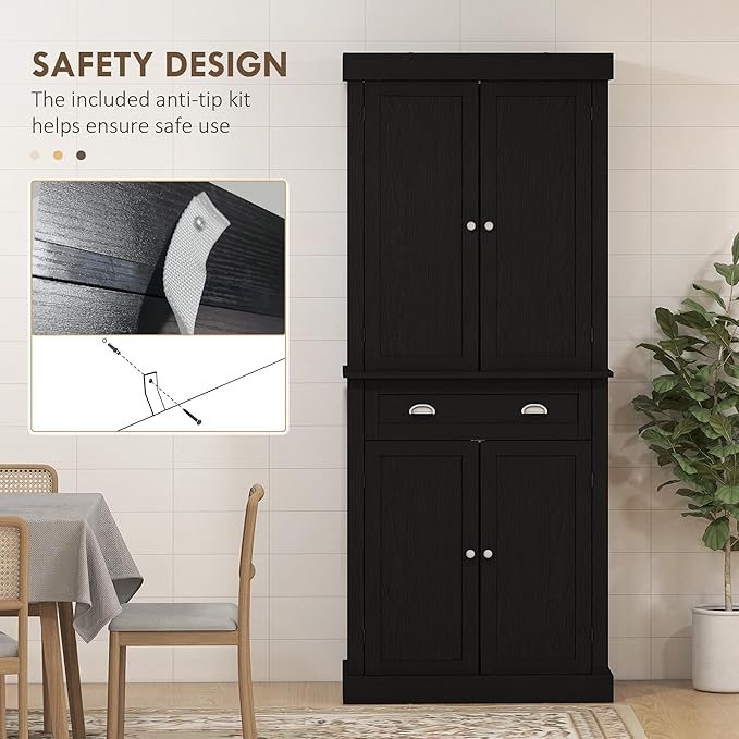 HOMCOM 72.5" Kitchen Pantry Cabinet, Traditional Freestanding Storage Cabinet with 4 Doors, Drawer and 3 Adjustable Shelves for Dining Room, Black Wood Grain