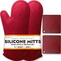 BPA-Free Soft Silicone 4 Piece Oven Mitts & Trivets Set - Ultra Heat Resistant Oven Mitts with Thick Cotton Liner - Long Slip Resistant Pot Holders, Flexible Oven Gloves - Empire Red