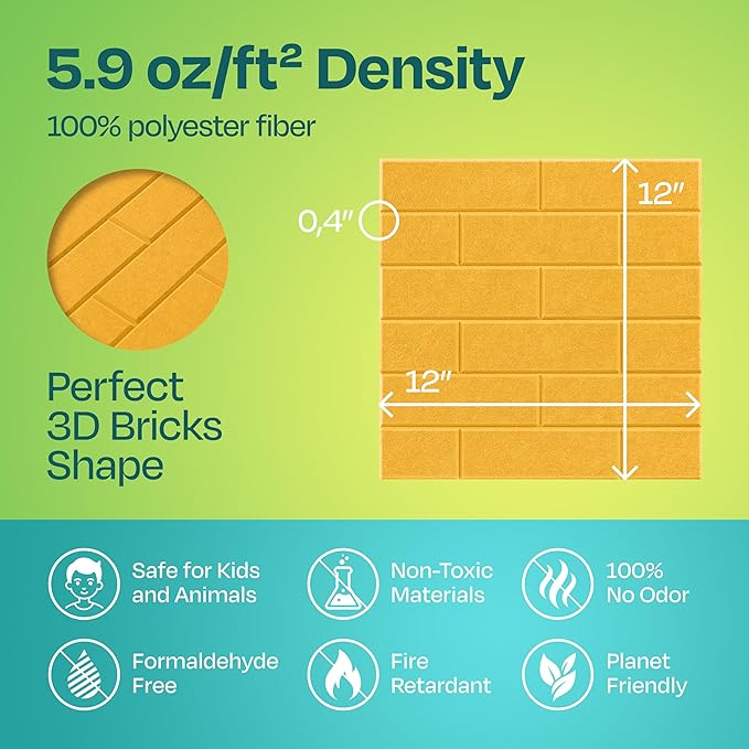 Acoustic Panels 18-Pack Soundproof Wall Panels 12"X12"X0.4" Brick Style Sound Panels Premium Sound Dampening Panels Easy Self Adhesive Installation - [Yellow Orange Gold]