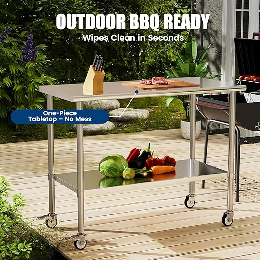 Stainless Steel Work Table with Wheels, 24x60 Inch NSF Kitchen Prep Table with Adjustable Undershelf for Commercial Restaurant, Garage, Outdoor BBQ